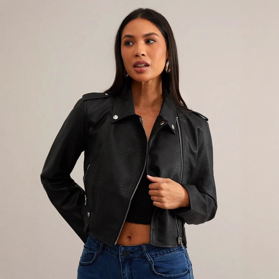 Damen modische Bikerjacke aus Kunstleder mit stilvollem Reißverschluss Drune