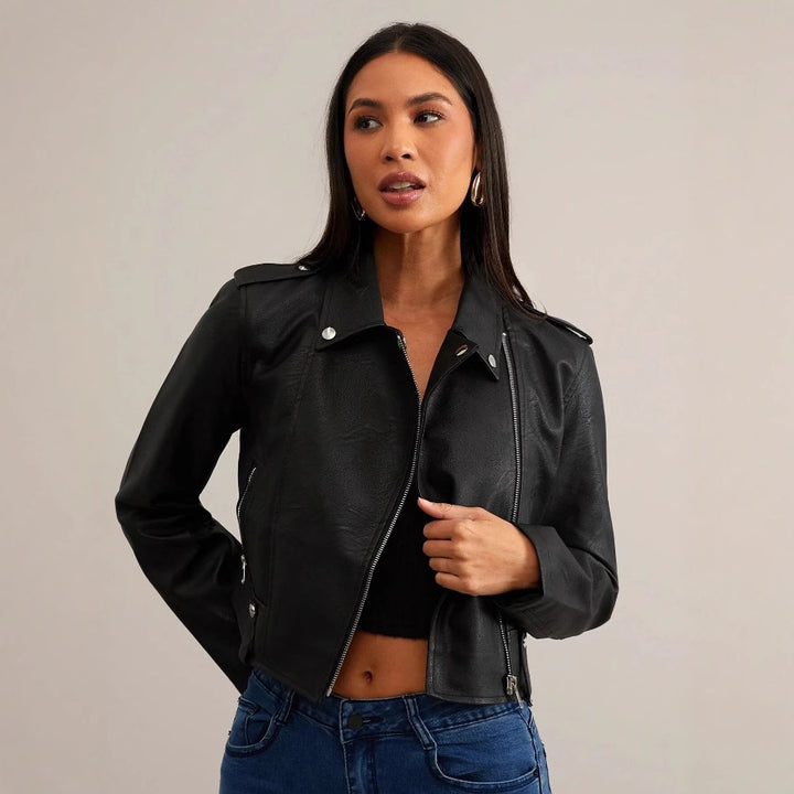 Damen modische Bikerjacke aus Kunstleder mit stilvollem Reißverschluss Drune