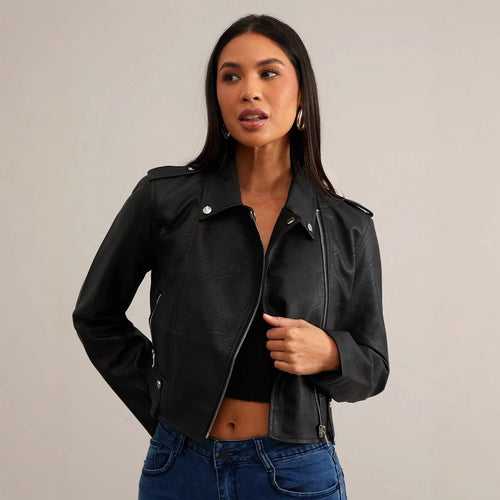 Damen modische Bikerjacke aus Kunstleder mit stilvollem Reißverschluss Drune