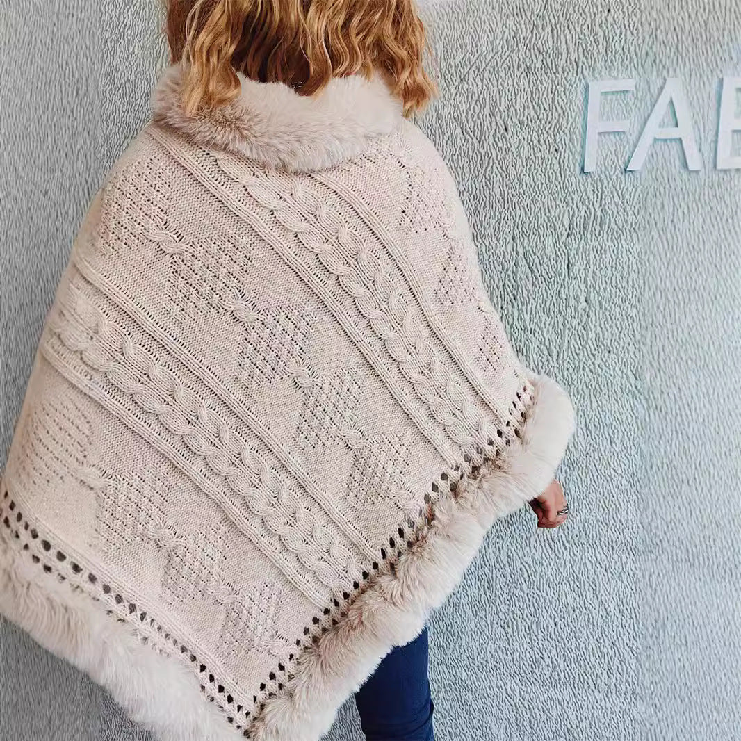 Damen Strickponcho mit dekorativem Kragen und gefüttertem Saum Drune