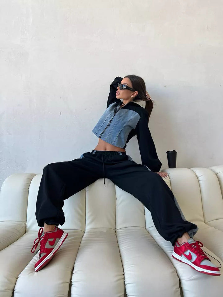 Damen modisches Cropped Sweatshirt und weite Sporthose Set Drune