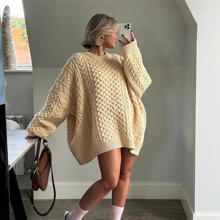 Damen oversize Strickpullover mit Zopfstrickmuster Drune