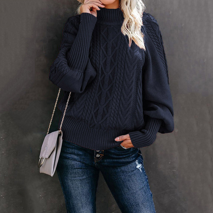 Damen Strickpullover mit hohem Kragen und Flechtmuster Drune