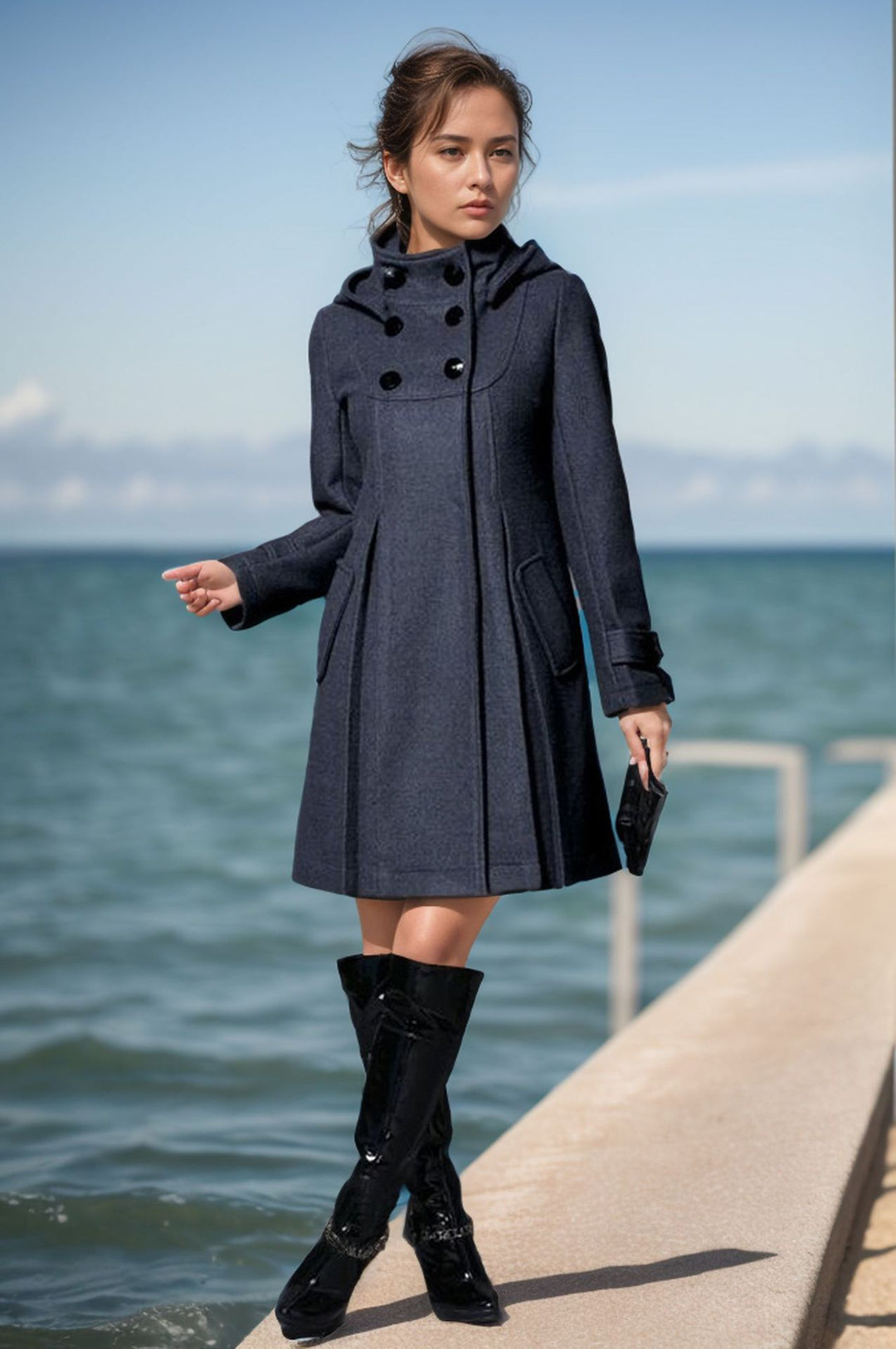 Damen eleganter Mantel mit hohem Kragen und funktionalen Taschen Drune