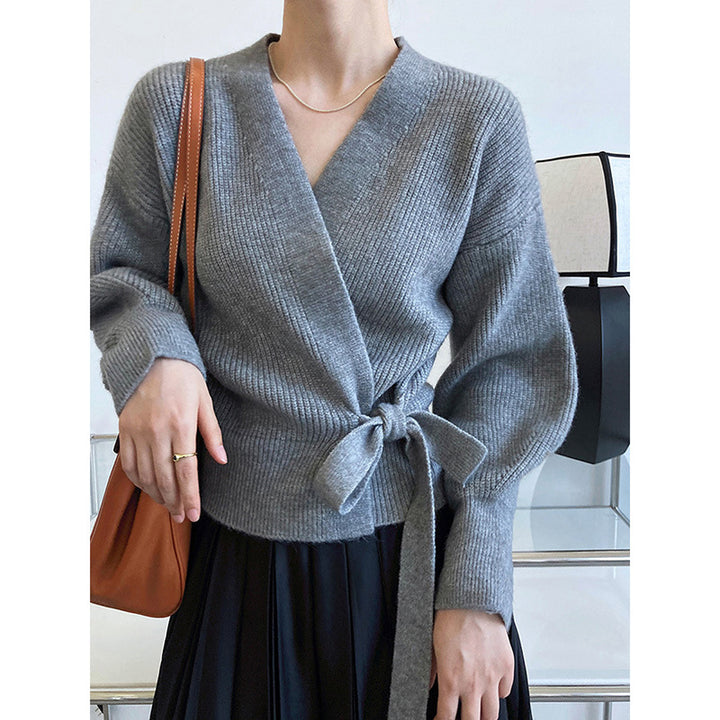 Damen Wickelpullover mit breiten Ärmeln und Taillengürtel Drune