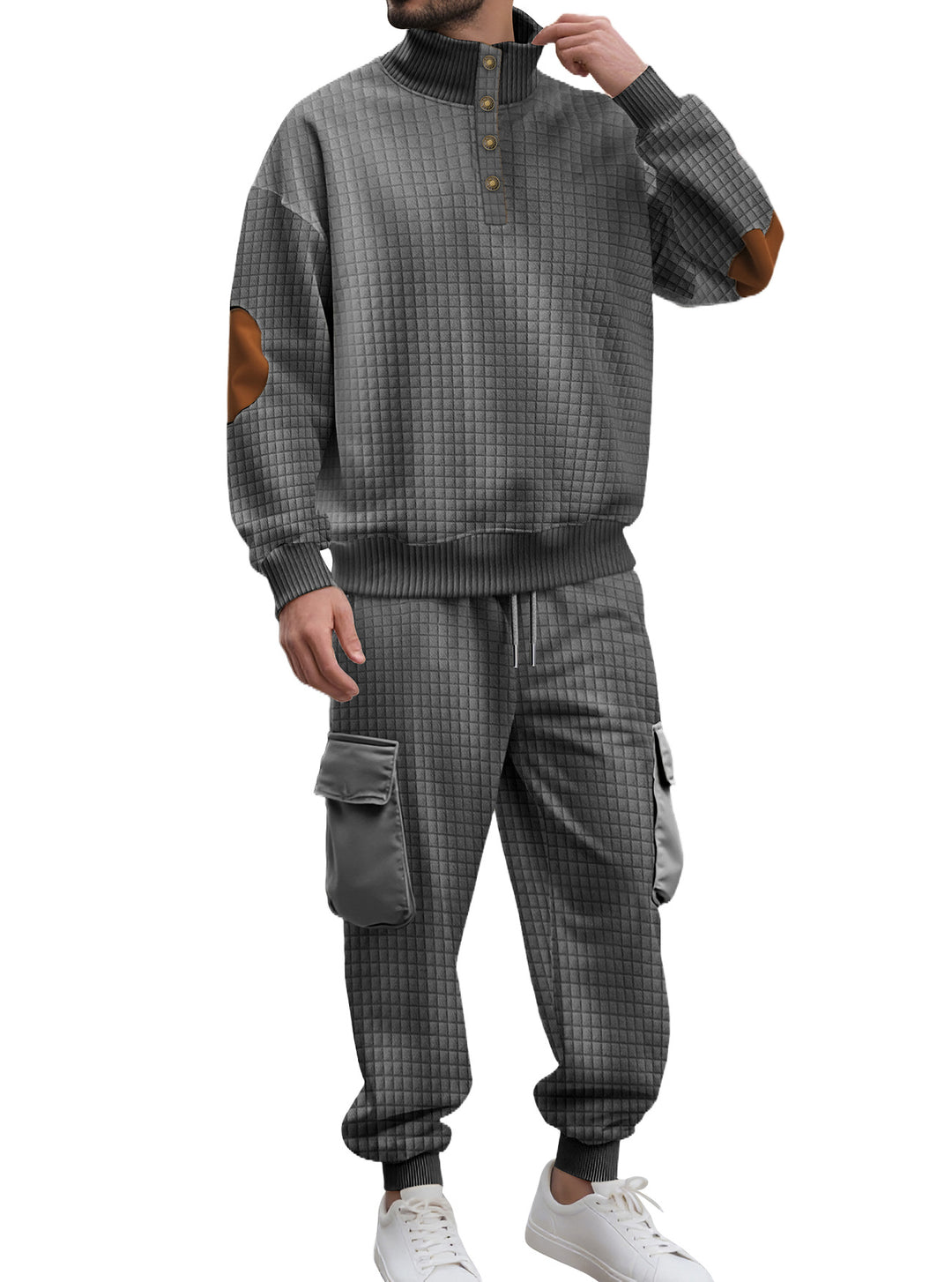 Herren nan Karo-Relief-Sweatset mit Stehkragen-Knopfleiste, Velours-Ellenbogenpatches und Cargo-Jogger Drune