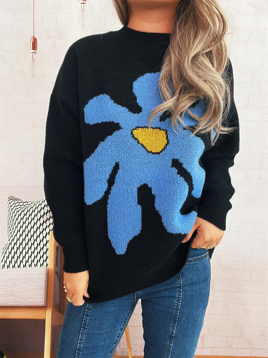 Damen lässiger Pullover mit floralem Motiv und lässigem Schnitt Drune