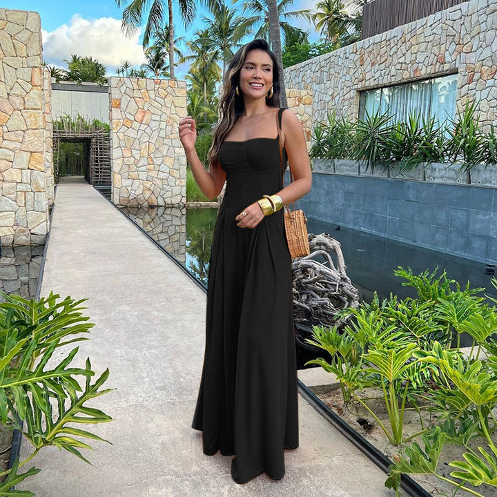 Damen Elegantes Maxikleid mit schmalen Spaghettiträgern und fließendem Schnitt Drune