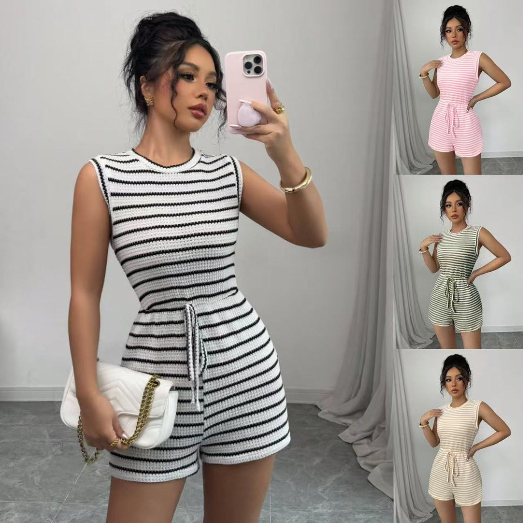 Damen gestreifter Kurzoverall mit Taillenzug Drune