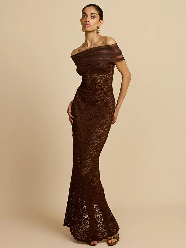 Damen Spitzen-Maxikleid mit schulterfreiem Design und elegantem Drapierungseffekt Drune