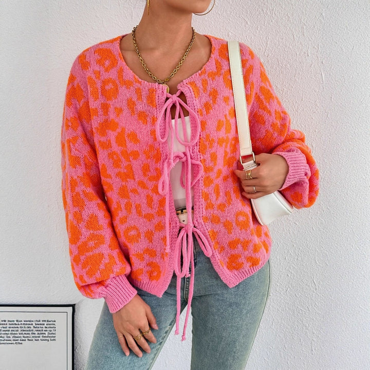 Damen Strickjacke mit einzigartigem Leopardenmuster und verstellbarem Kordelzug Drune