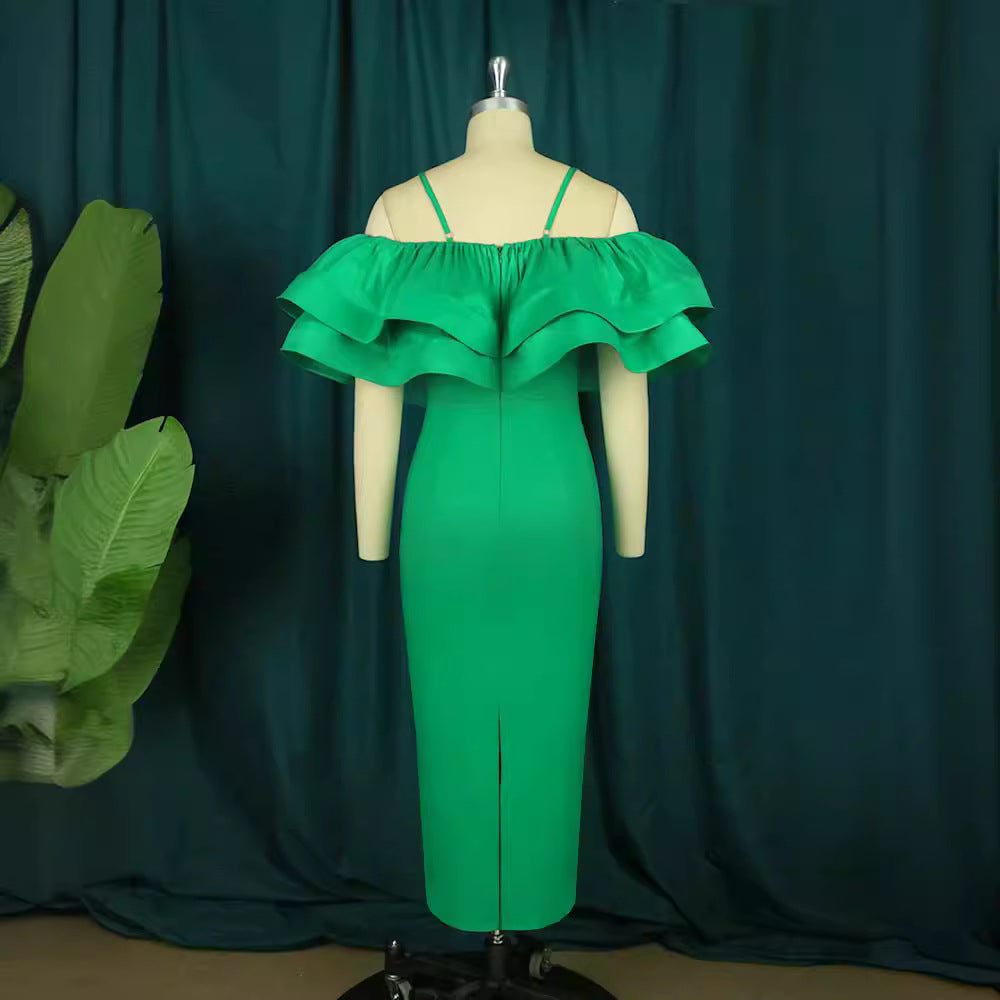 Damen elegantes Satin-Kleid mit voluminösem Rüschensaum Drune