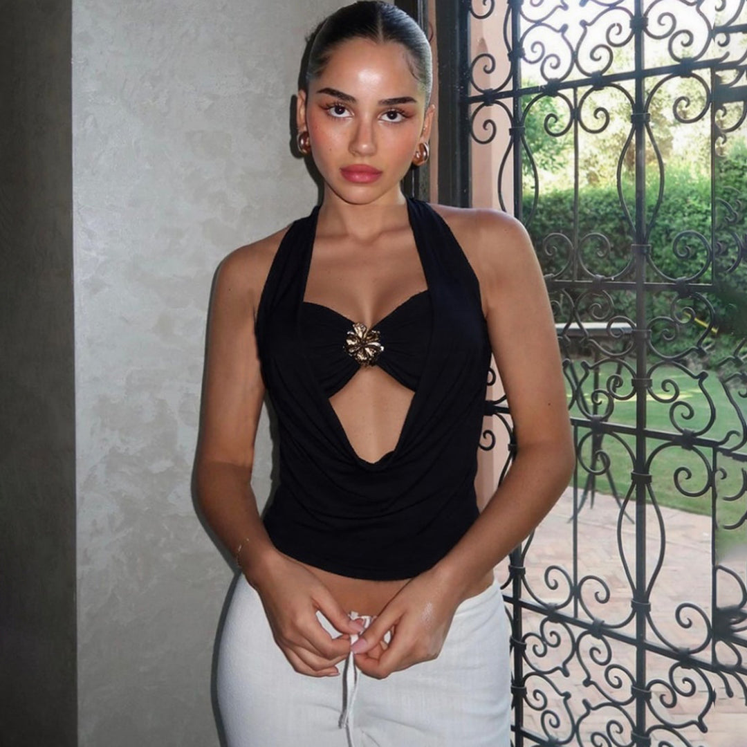 Damen Elegantes Wickeloberteil mit tiefem V-Ausschnitt und glamourösem Akzent Drune
