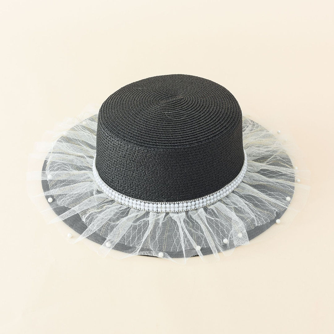 Damen eleganter Sonnenhut mit feinem Tüllbesatz und stilvoller Perlenverzierung Drune