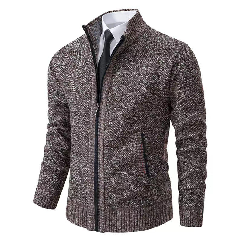 Herren nan melierte Strickzipjacke mit hohem Stehkragen, feiner Struktur und verdeckten Eingrifftaschen Drune