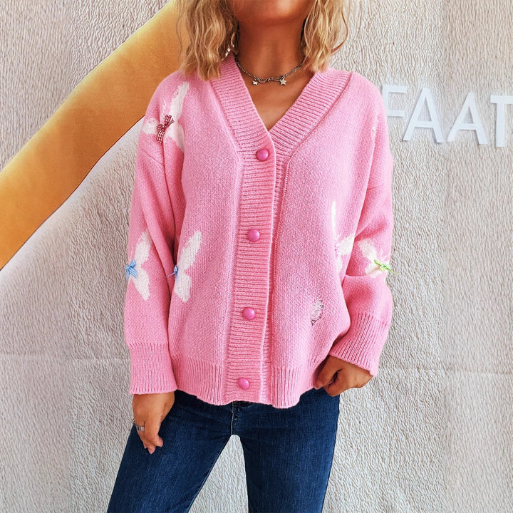 Damen kuschelige Strickjacke mit buntem Schmetterlingsdesign und Knopfleiste Drune