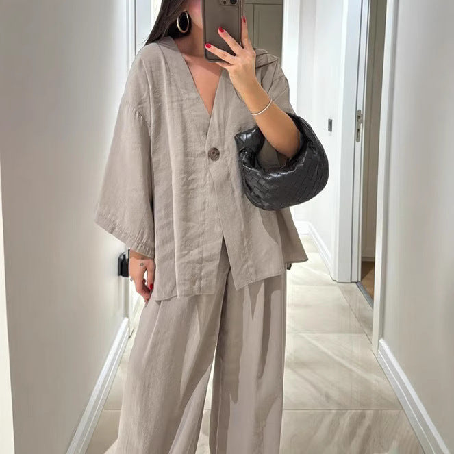 Damen nan lockeres Leinenoptik-Zweiteiler mit Kimono-Blazer und weitem Palazzo-Hose Drune