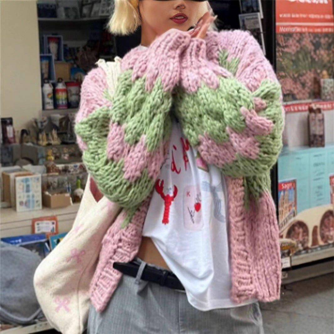 Damen grob gestrickter Cardigan mit Zickzackmuster Drune