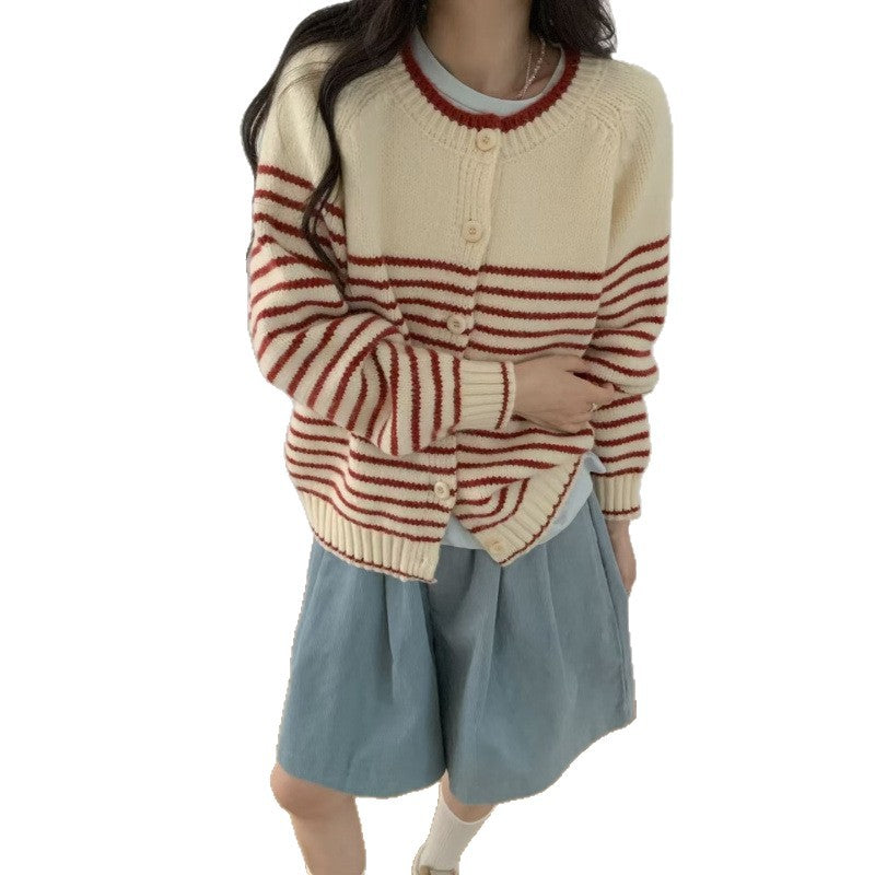 Damen Strickjacke mit buntem Streifenmuster und knopfbarem Design Drune