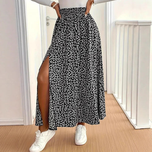 Damen Maxirock mit floralem Muster und seitlichem Schlitz Drune