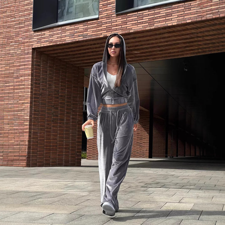 Damen Velours-Loungewear-Anzug mit Kapuze und weitem Schnitt Drune