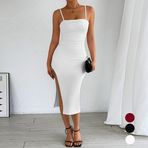 Damen figurbetontes Midi-Kleid mit schulterfreien Trägern und tiefem Schlitz Drune