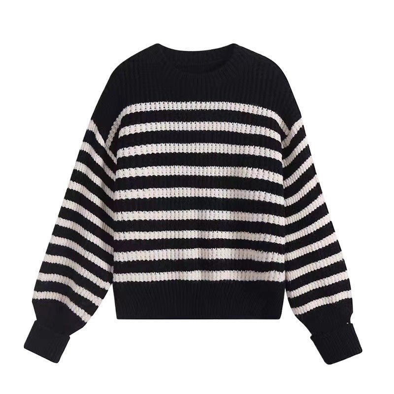 Damen gestreifter Strickpullover mit bequemem Rundhalsausschnitt und lockerer Passform Drune