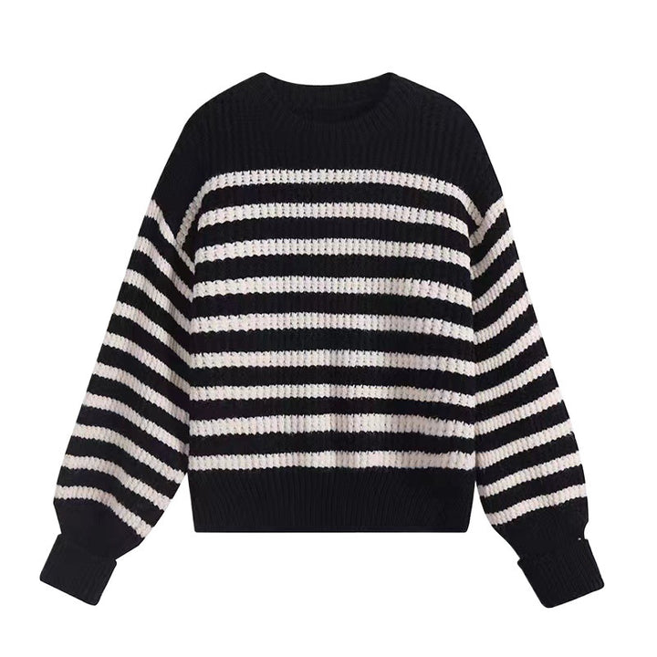 Damen gestreifter Strickpullover mit bequemem Rundhalsausschnitt und lockerer Passform Drune