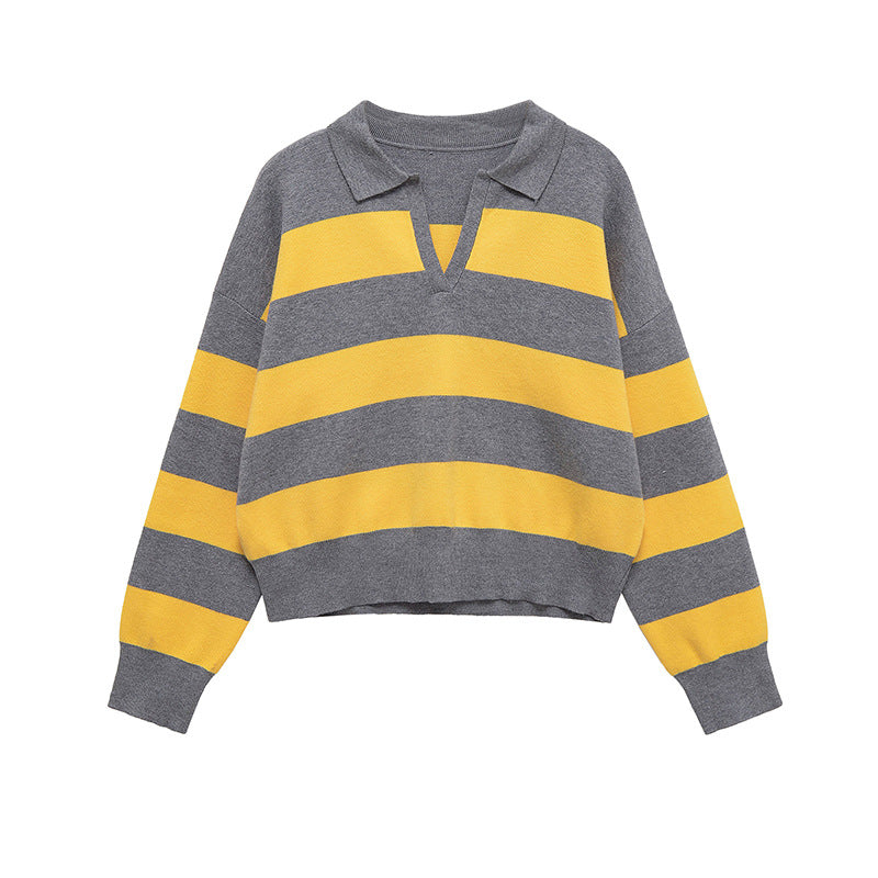 Damen lässiger Strickpullover mit stylisierten Streifen und Polokragen Drune