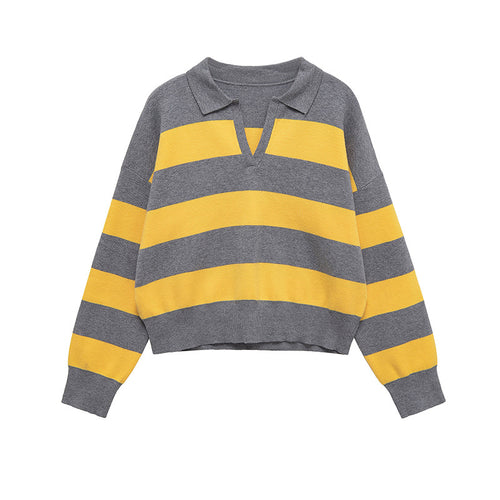 Damen lässiger Strickpullover mit stylisierten Streifen und Polokragen Drune