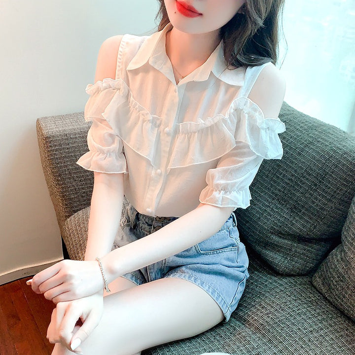 Damen Hemdbluse mit Rüschendetails und Off-Shoulder Design Drune