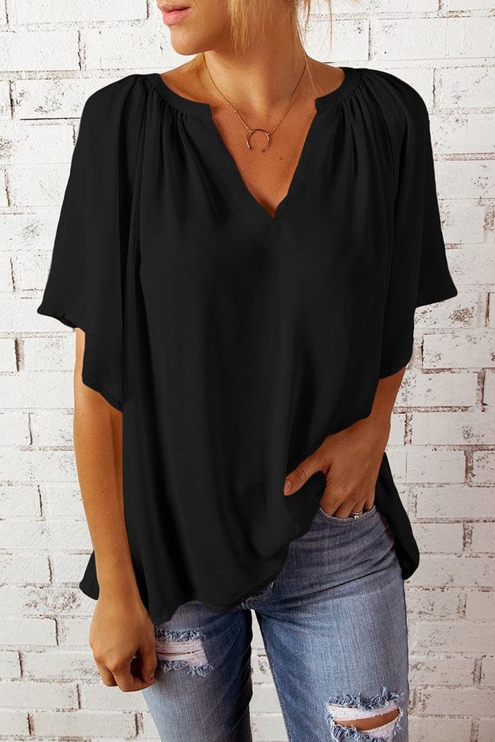 Damen lockeres Blusenshirt mit V-Ausschnitt und luftigen Ärmeln Drune
