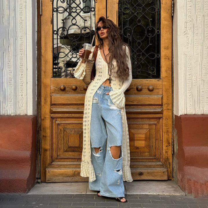 Drune | Strick Lange Cardigan mit Loch Ausgestellte Ärmel für Damen