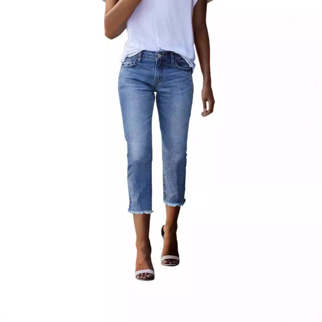 Damen nan gerade geschnittene Jeanshose in verkürzter Länge mit ausgefranstem Saum Drune