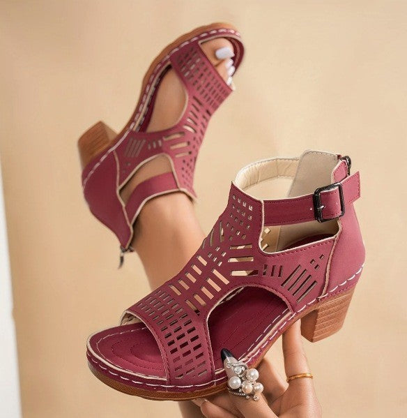 Damen trendige Sandalen mit durchbrochenem Design und Holz-Elementen Drune