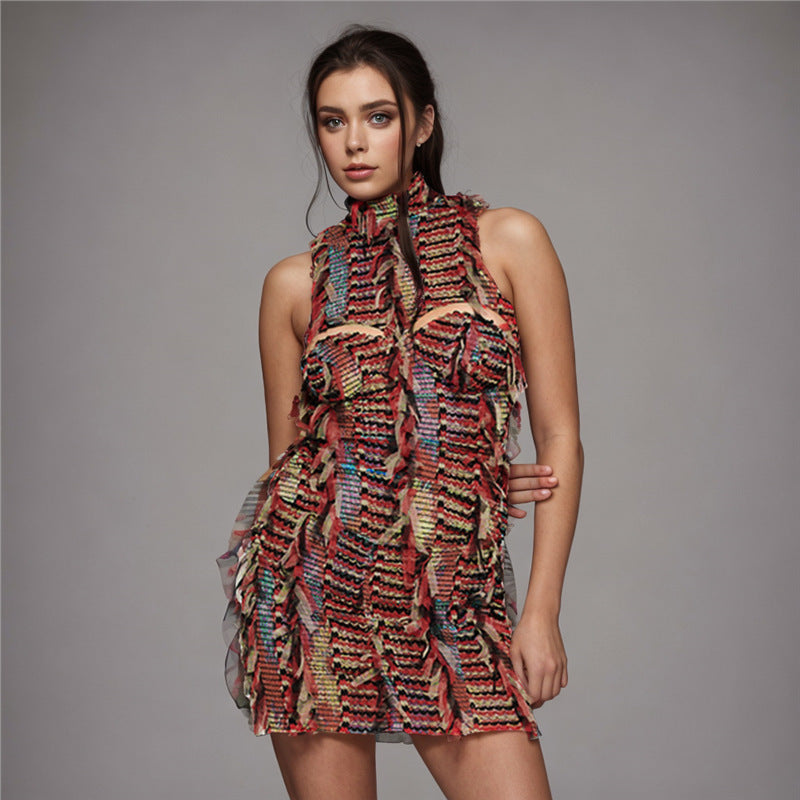 Damen Dekoratives Wickelkleid mit fransigen Details und hohem Kragen Drune