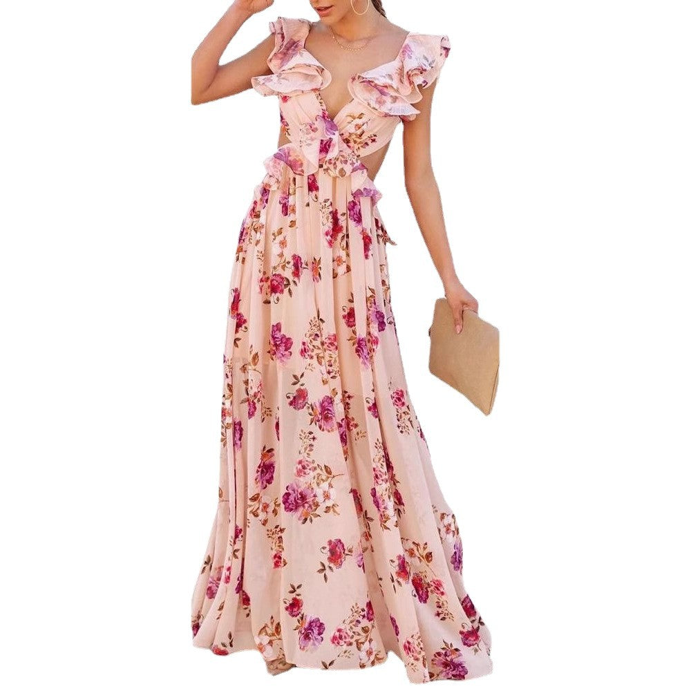 Damen Maxikleid mit floralen Rüschendetails und elegantem V-Ausschnitt Drune
