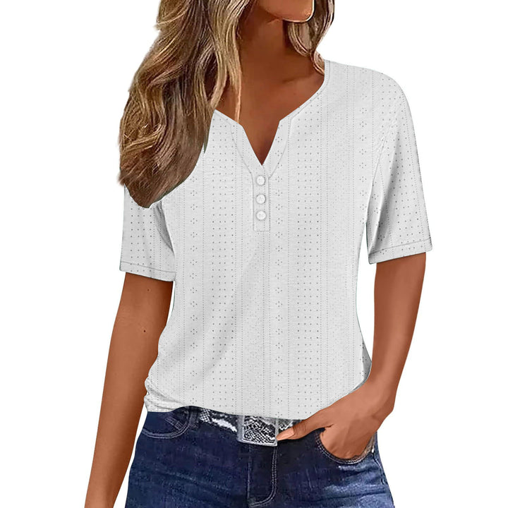 Damen kurzärmeliges T-Shirt mit Knopfdetails und eingewebtem Muster Drune