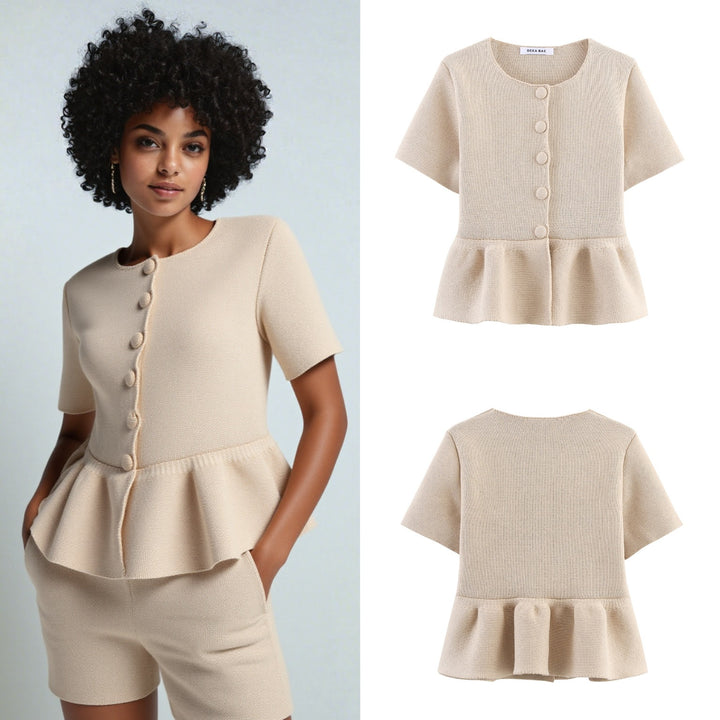 Damen Kurzarm Bluse mit Rüschensaum Drune