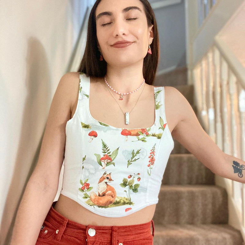 Damen Crop Top mit kunstvollem Flora-Design und verstellbaren Trägern Drune