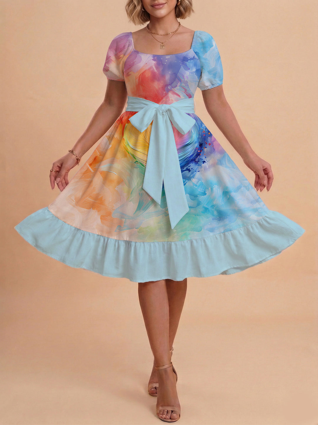 Damen Midi Kleid mit elegantem Blumendruck und tailliertem Gürtel Drune