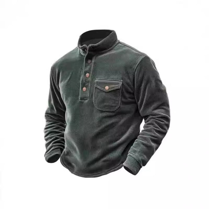 Herren Warmhaltendes Kord-Pullover mit Knopfleiste und Brusttasche Drune