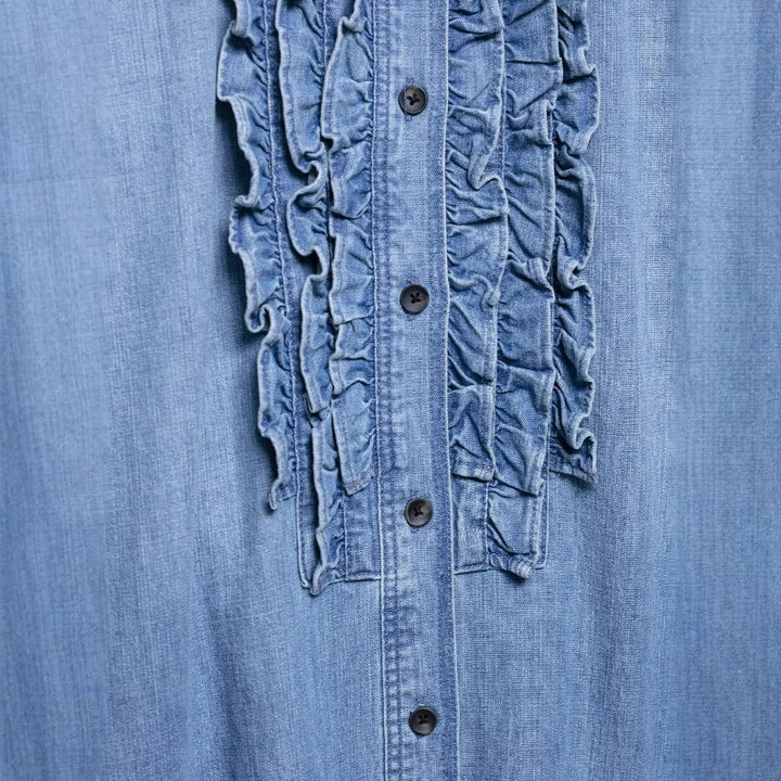 Damen nan Chambray-Bluse mit Rüschenknopfleiste, Hemdkragen und verlängertem Saum Drune