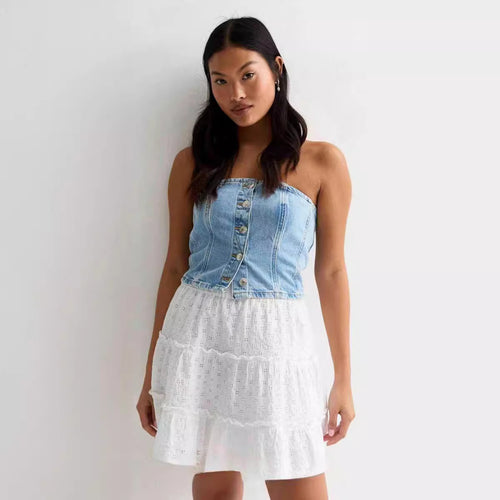 Damen Denim-Crop-Top mit romantischem Rüschenshirt Drune