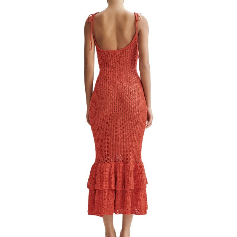 Damen Häkel-Maxikleid mit Volant und verstellbaren Trägern Drune