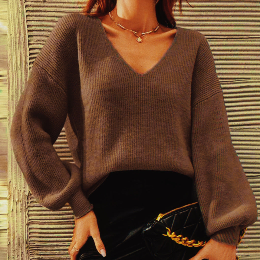 Damen V-Ausschnitt Pullover mit lässiger Passform und modischen Ballonärmeln Drune