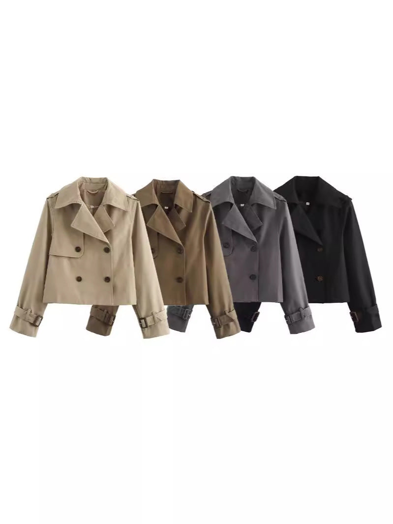 Damen cropped Trenchjacke mit doppelter Knopfleiste und verstellbaren Ärmeln Drune