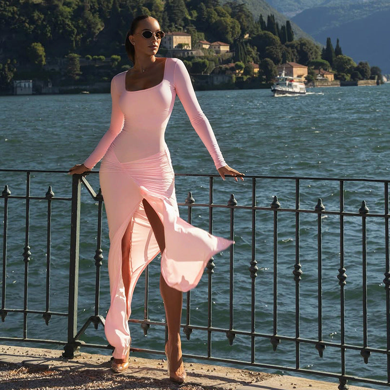 Damen figurbetontes Langarmkleid mit asymmetrischem Schlitz und Drapierungen Drune