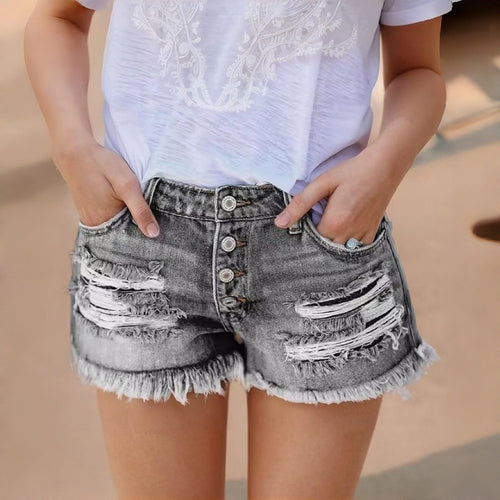 Damen Jeans-Shorts mit Fransen und Destroyed-Effekten Drune