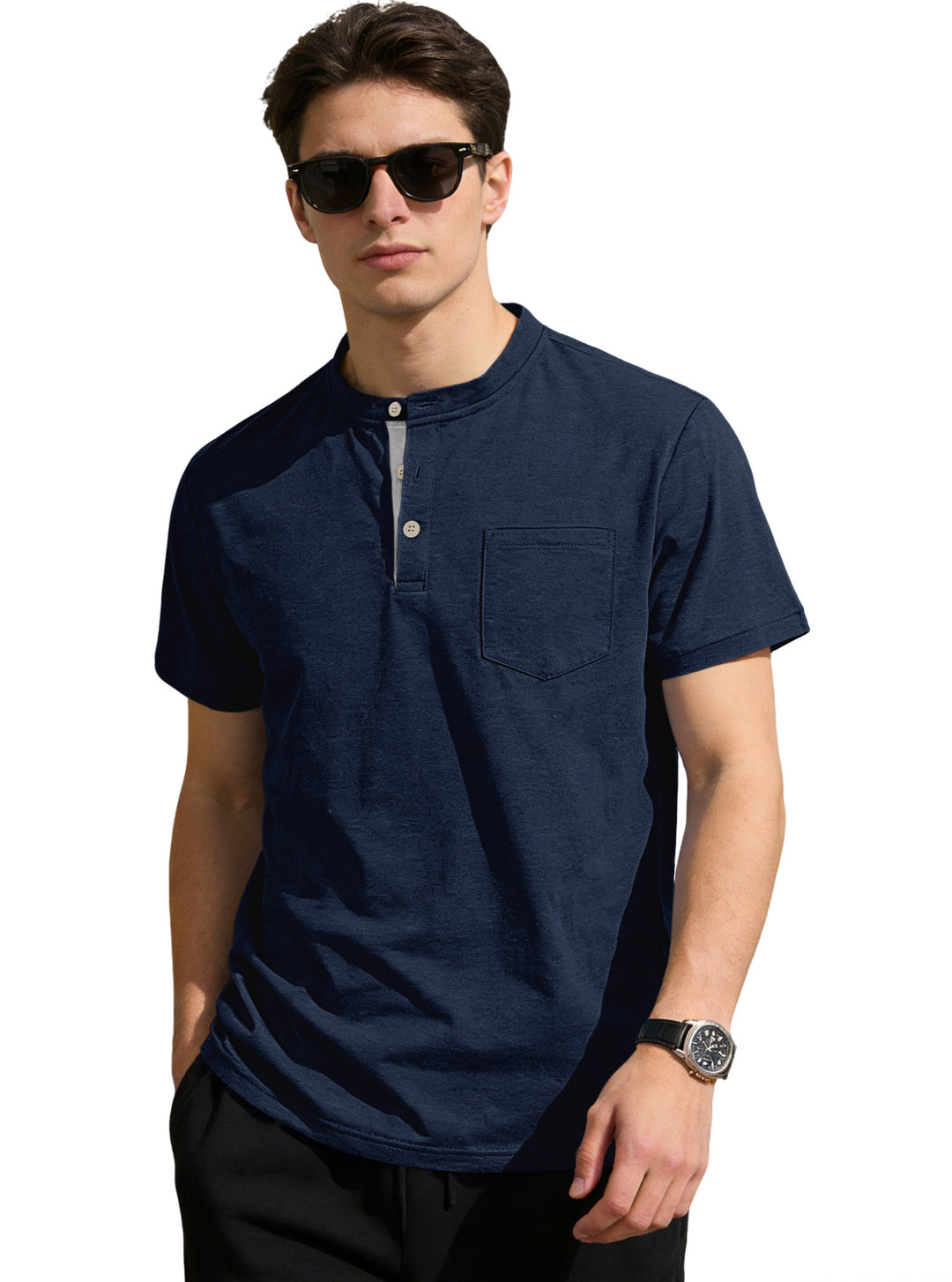 Herren nan strukturiertes Baumwoll-Henleyshirt mit kurzem Stehkragen Knopfleiste und Brusttasche Drune